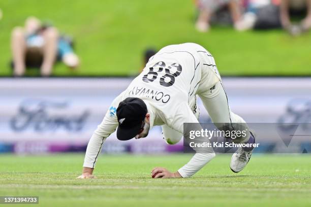 Devon Conway of New Zealand fields the ball during day three of the First Test Match in the series between New Zealand and South Africa at Hagley...