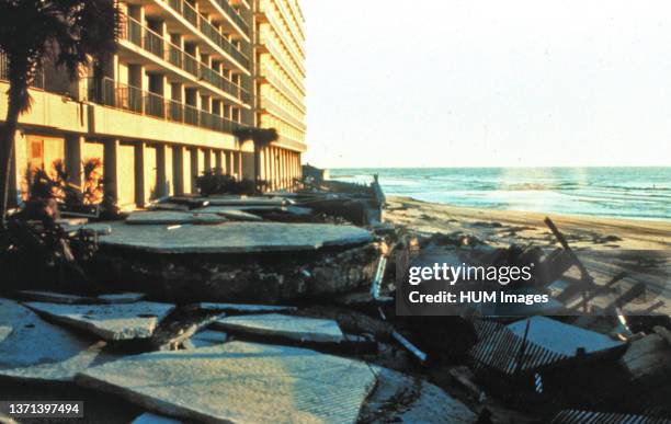 Exterior damage to the Holiday Inn at Myrtle Beach, South Carolina after passage of Hurricane Hugo ca. September 1989.