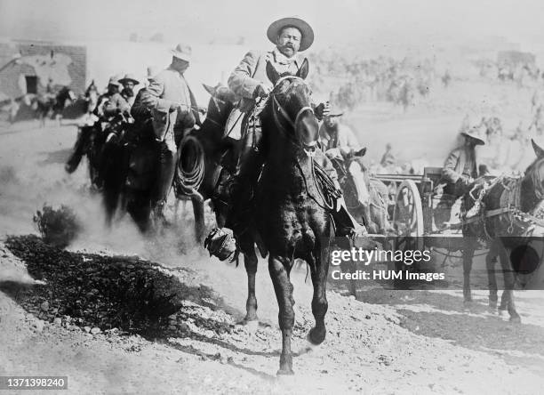 General Francisco 'Pancho' Villa on horseback, during the Mexican Revolution. Possibly taken at the time of the Battle of Ojinga, Chihuahua, which...
