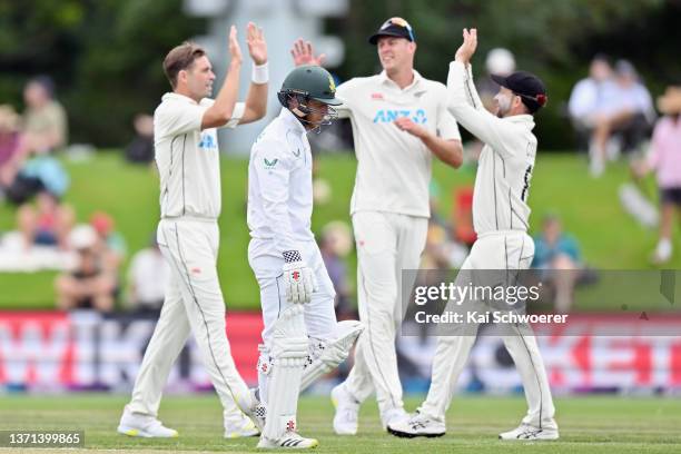 Kyle Verreynne of South Africa looks dejected after being dismissed by Tim Southee of New Zealand during day three of the First Test Match in the...