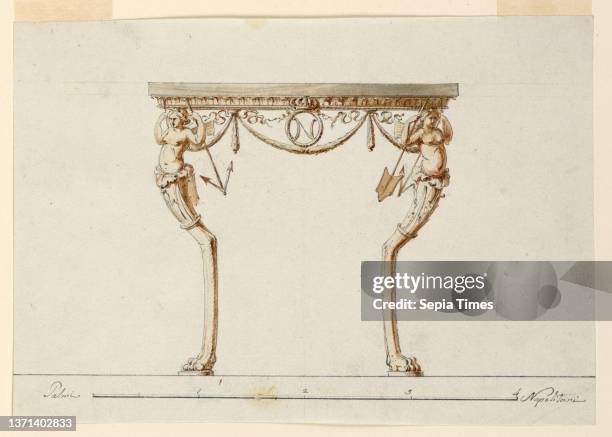 Design for a Console Table, Pen and ink, brush and sepia wash, gray watercolor on paper, Horizontal rectangle. Design for a console table shown in...