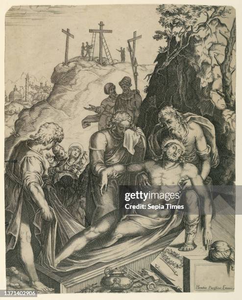 The Entombment, Diana Mantuana, Italian, ca. 1547 - 1588, Paris Nogari, Italian, ca. 1536 - 1601, Engraving on laid paper, The body of Christ is...