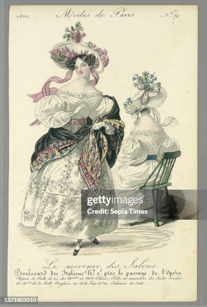 Plate 59, Modes de Paris , Le Mercure de Salons , Samuel and Joseph Fuller, London, England, Engraving, hand-colored with brush and watercolor on...
