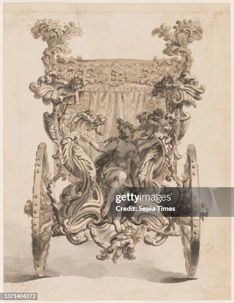 Drawing for the Rear of the Third Carriage of the Prince of Liechtenstein, Antonio Creccolini, Italian, 1671 Ð ca. 1725, Pen and brown ink, brush +...