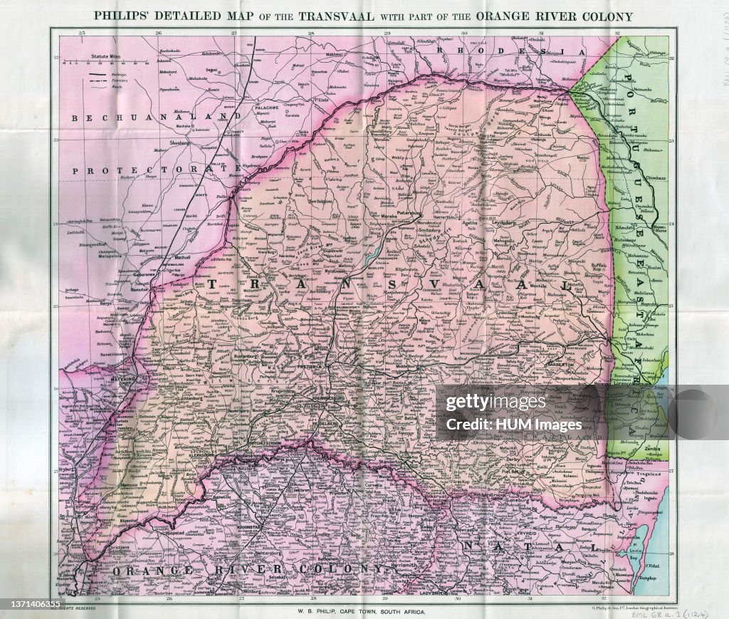 South Africa History: Philips' detailed map of the Transvaal with part of the Orange River Colony ca. 1900
