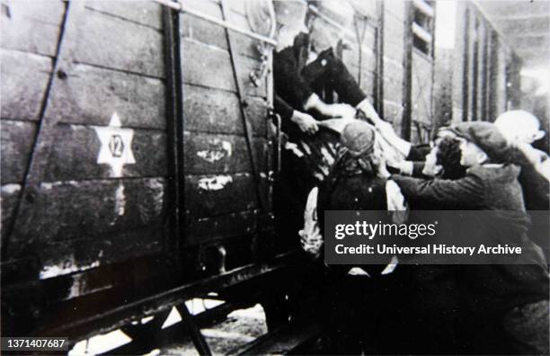 Jews being transported on cattle trucks to the Death camps such as Auschwitz during the Nazi Holocaust of World War Two, 1941.