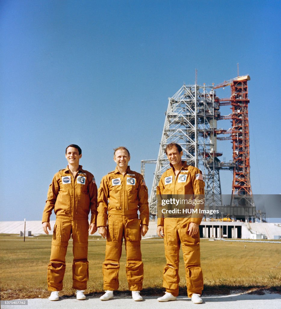 (8 Nov. 1973) --- The three members of the Skylab 4 crew are photographed standing near Pad B, Launch Complex 39, Kennedy Space Cneter, Florida, during the preflight activity.