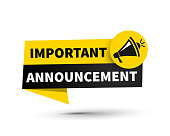 Vector illustration Important Announcement on speech bubble. Advertising sign.