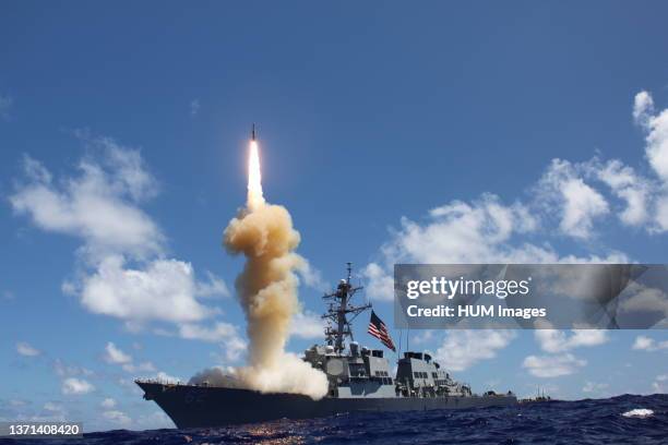 The guided-missile destroyer USS Fitzgerald launches a Standard Missile-3 as apart of a joint ballistic missile defense exercise..