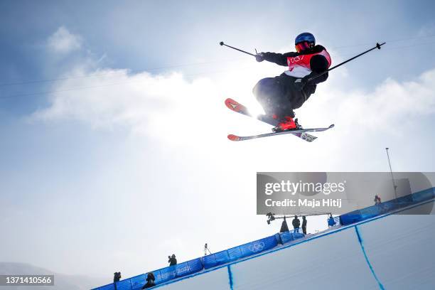 Nico Porteous of Team New Zealand performs a trick on their first run during the Men's Freestyle Skiing Halfpipe Final on Day 15 of the Beijing 2022...