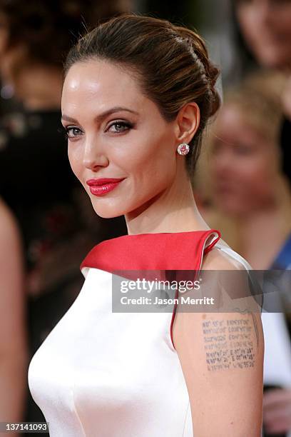 Actress Angelina Jolie arrives at the 69th Annual Golden Globe Awards held at the Beverly Hilton Hotel on January 15, 2012 in Beverly Hills,...