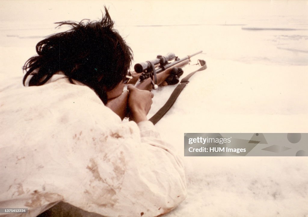 Eskimo seal hunter on ice floes of Kotzebue Sound 1973