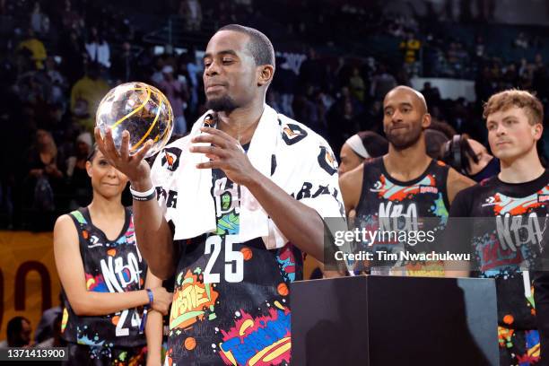 Alex Toussaint of Team Walton looks on after winning the MVP award during the Ruffles NBA All-Star Celebrity Game during the 2022 NBA All-Star...