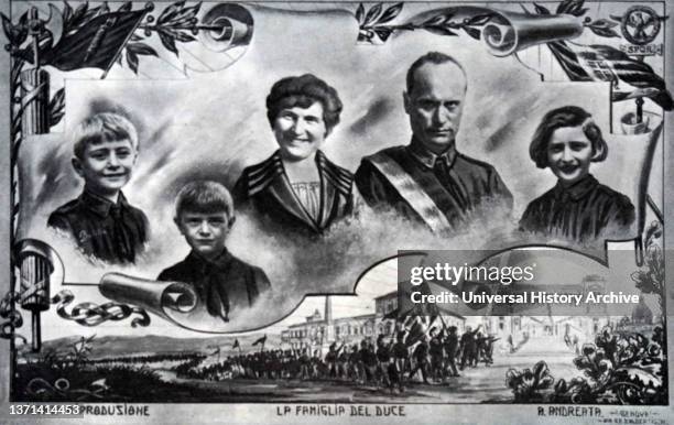 Postcard idealising the family of Benito Mussolini, Italian Fascist dictator 1926. Mussolini, his wife Rachele Mussolini, sons Vittorio, Bruno and...