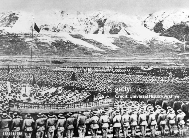 Chinese troops assembled for the 1950 Communist Chinese government invasion of Tibet. Asserting that Tibet was not an independent country but merely...