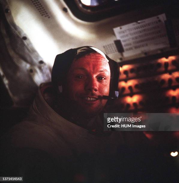Astronaut Neil A. Armstrong, Apollo 11 Commander, inside the Lunar Module as it rests on the lunar surface after completion of his historic moonwalk.