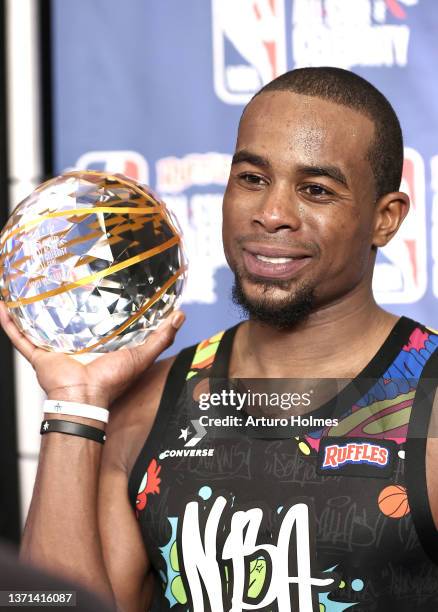 Alex Toussaint of Team Walton is interviewed after winning the MVP award during the Ruffles NBA All-Star Celebrity Game during the 2022 NBA All-Star...