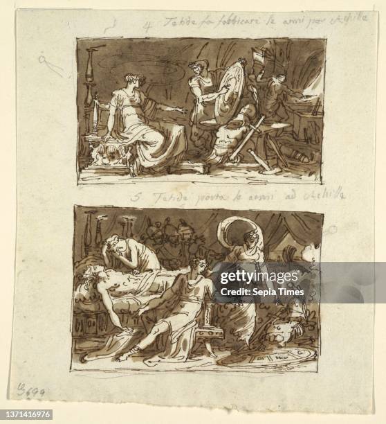 Thetis in the Workshop of Hephaestus; Thetis Showing the Armor to Achilles: Two Designs for Ceiling Panels in the Galeria d'Iliade, Palazzo Milzetti,...