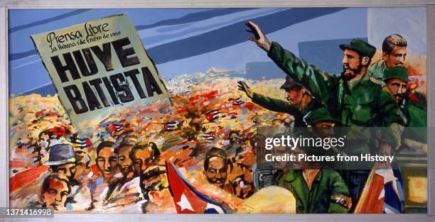 Painting showing Fidel Castro celebrating with the people the overthrow of the US-backed Batista regime in 1959, Museo de la Revolucion , Havana. The...