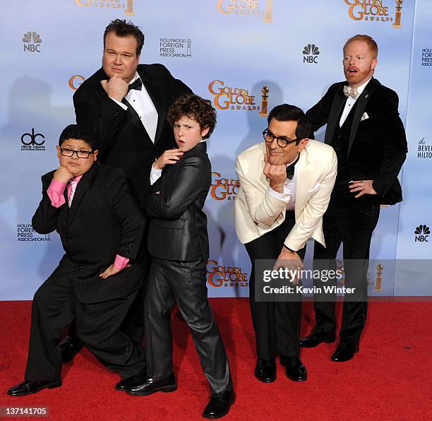 Actors Rico Rodriguez, Eric Stonestreet, Nolan Gould, Ty Burrell, and Jesse Tyler Ferguson poses in the press room with the Best Television Series -...