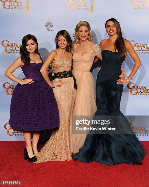 Actresses Ariel Winter, Sarah Hyland, Julie Bowen, Sofia Vergara pose in the press room with the Best Television Series - Musical or Comedy award for...