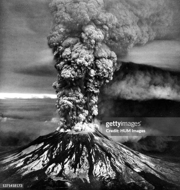 An iconic aerial view of the eruption of Mount St. Helens. Skamania County, Washington. May 18, 1980.