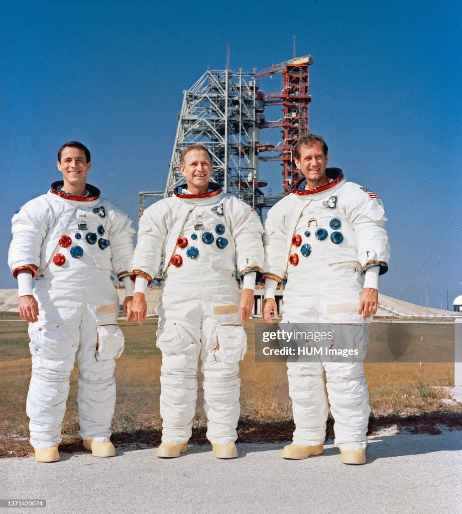 (8 Nov. 1973) --- The three members of the Skylab 4 crew are photographed standing near Pad B, Launch Complex 39, Kennedy Space Center, Florida, during preflight activity.