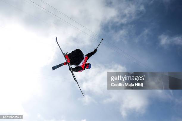 Nico Porteous of Team New Zealand performs a trick on their third run during the Men's Freestyle Skiing Halfpipe Final on Day 15 of the Beijing 2022...