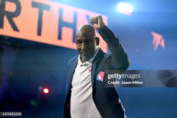 James Worthy waves to the crowd after being introduced before the 2022 Clorox Rising Stars at Rocket Mortgage Fieldhouse on February 18, 2022 in...