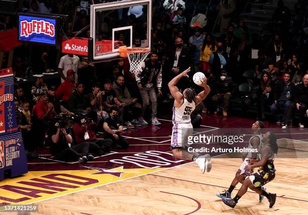 Myles Garrett of Team Nique shoots during the Ruffles NBA All-Star Celebrity Game during the 2022 NBA All-Star Weekend at Wolstein Center on February...