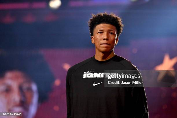 MarJon Beauchamp of the G League Ignite reacts after being introduced before the 2022 Clorox Rising Stars at Rocket Mortgage Fieldhouse on February...