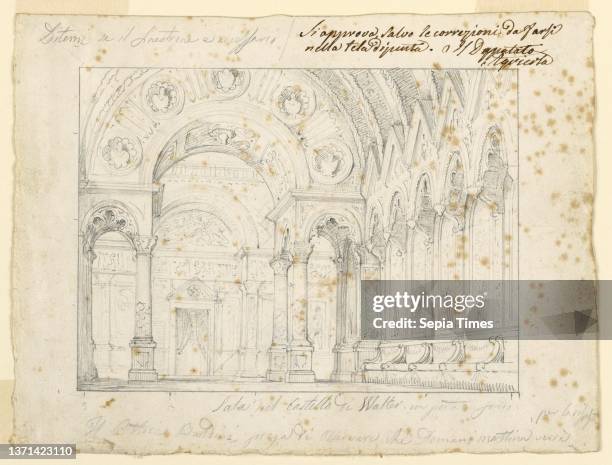 Interior of Walter's castle, stage design for act V of Giuseppe Verdi's 'Luisa Miller,' produced at Teatro San Carlo, Naples, Vincenzo Baldini,...