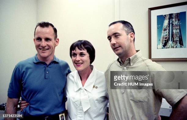 Gemini-4 prime crew, astronauts Edward H. White II , and James A. McDivitt are shown with Lt. Dolores O'Hare, US Air Force, Center Medical Office,...