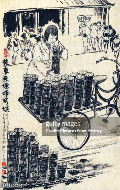 Selling pressed coal briquettes from a bicycle and trailer, a common site in North China during winter. Pencil and colour on paper, artist not known,...