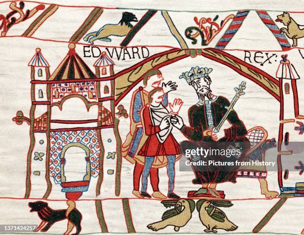 King Edward the Confessor enthroned and Harold Godwinson at Winchester as depicted in Scene 1 of the Bayeux Tapestry, 1070