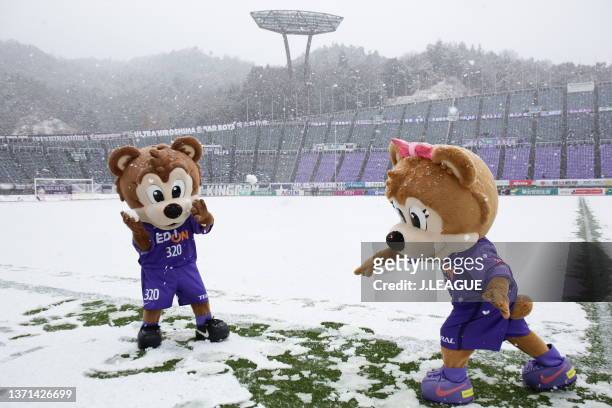 Sanfrecce Hiroshima Mascots Sancce and Frecce play a snowball fight prior to the J.LEAGUE Meiji Yasuda J1 1st Sec. Match between Sanfrecce Hiroshima...