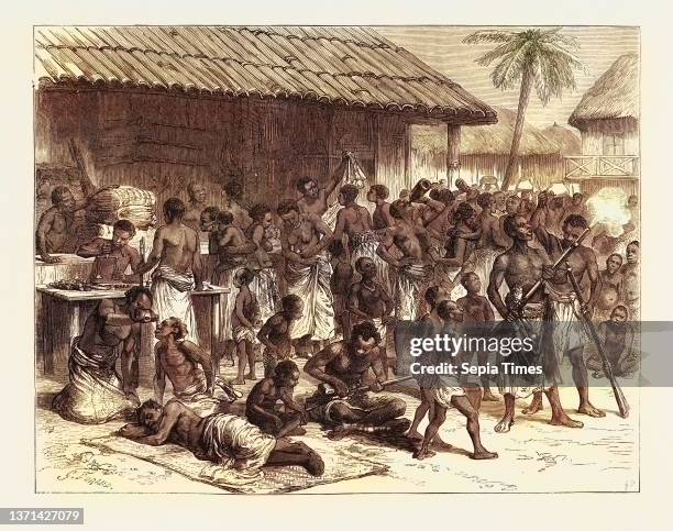 Ashantees Buying Muskets with Gold Dust at Assinee, Ghana, 1890 Engraving.