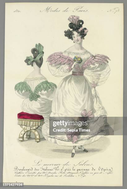 Fashion Plate from Le Mercure des Salons, Modes de Paris, Wood engraving, brush and watercolor on paper, Two women in white dresses. One stands...