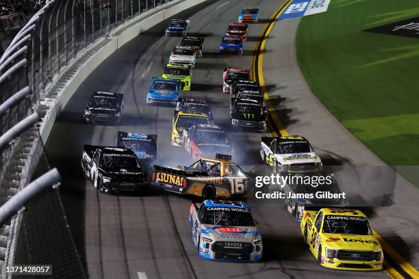 John Hunter Nemechek, driver of the Pye-Barker Fire & Safety Toyota, Tyler Ankrum, driver of the LiUNA! Toyota, andDerek Kraus, driver of the...