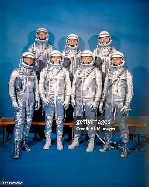 These seven men, wearing spacesuits in this portrait, composed the first group of astronauts announced by the National Aeronautics and Space...