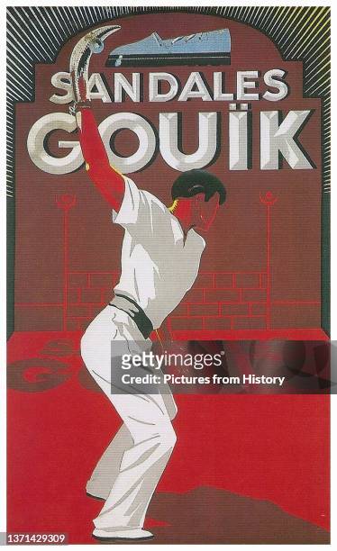 Advertisement for 'Sandales Gouik' featuring a Pelote Basque player, c. 1925.