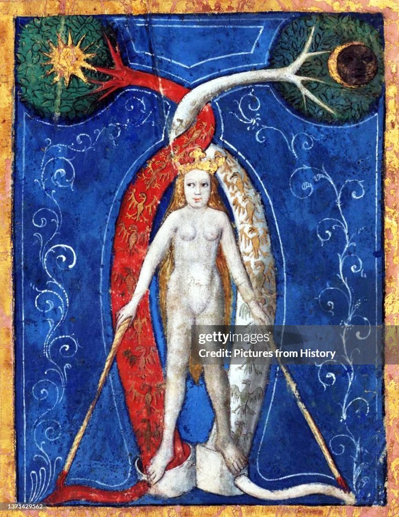 Italy: Philosophical Mercury or Mercurius. Miniature painting on vellum, Italian School, 15th century, thought to be derived from the Rosarium Philosophorum of Arnaldus de Villanova, 12th-13th century