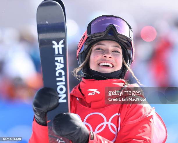 Gold medallist Ailing Eileen Gu of Team China is seen during the Women's Freeski Halfpipe on Day 14 of the Beijing 2022 Winter Olympics at Genting...