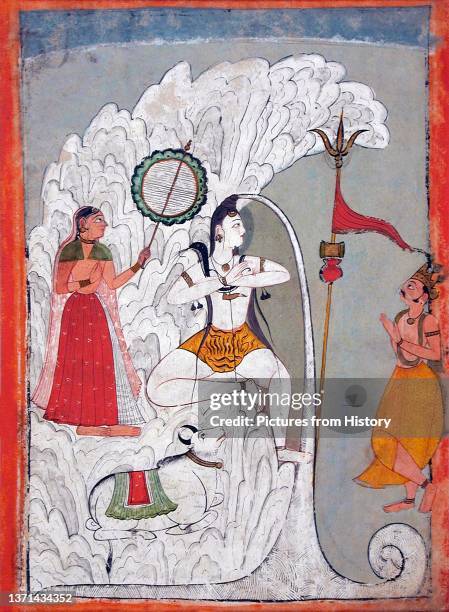 Shiva, as Gangadhara, bearing the Descent of the Ganga, as the goddess Parvati, the sage Bhagiratha, and the bull Nandi look on. Himachal Pradesh, c....