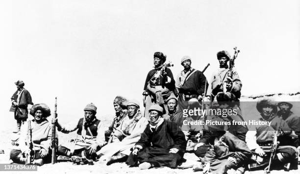 Tibetan soldiers accompanying the Dalai Lama during the latter's flight from Tibet to India in 1959.