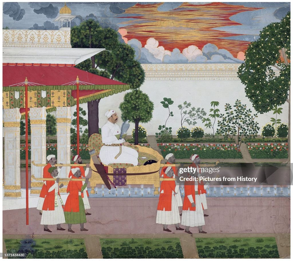 India: The Mughal emperor Muhammad Shah with a falcon being carried in a palanquin. Atttributed to Chitarman, c. 1735