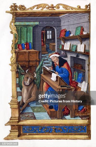 St Luke in his study writing his gospel, British Library, Harley 2897 folio 186v, Paris, 1410-1419.