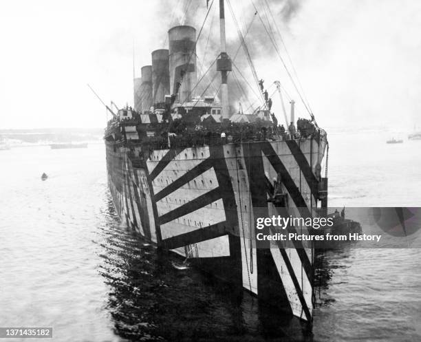 Olympic in dazzle camouflage after service as a troopship during World War I, 1919.