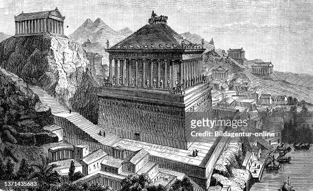 Tomb at Halicarnassus, mausoleum, ancient city in Asia Minor, Bodrum, Turkey, illustration in 1880.