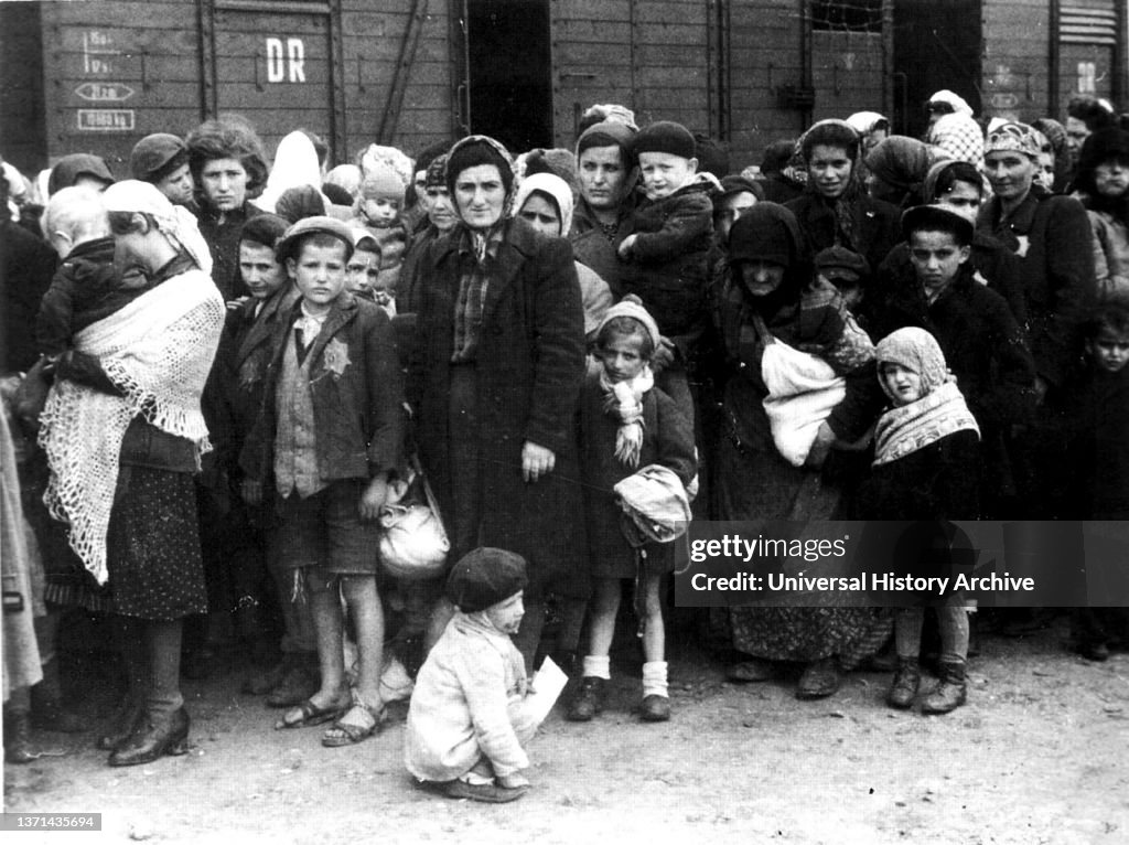 Arrival of Hungarian Jews by train.